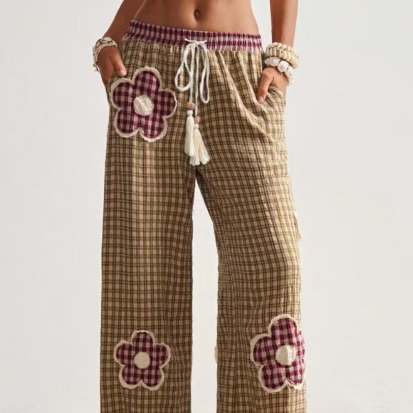 Multicolor Textured Floral Patchwork Pockets Wide leg Pants - Picture 1 of 4